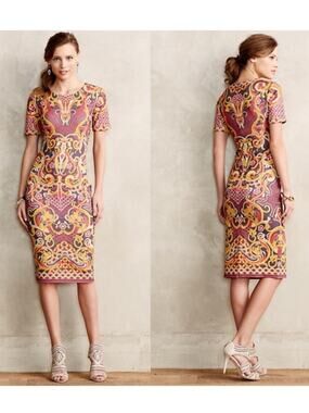 Pankaj & Nidhi Anthropologie Onida Embroidered Pencil Dress size 4 Yellow Gray